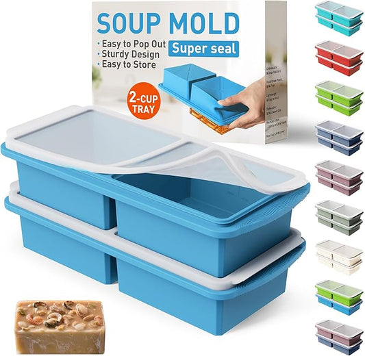 Silicone Freezer Tray with Lid Soup Freezer Container Molds with Steel Reinforced Rim Ice Cube Freezer Molds for Soup, Sauce, Leftovers, Homemade Meal Prep Containers Food Prep Home Essentials
