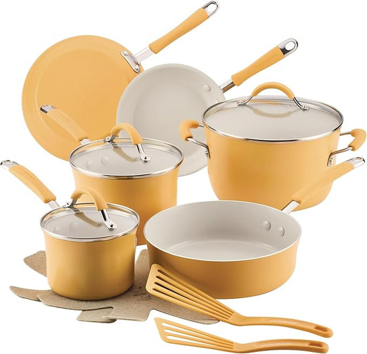 Rachael Ray Cucina Ceramic Cookware Set - 13 Pieces - Ceramic Pots and Pans Set w/Nonstick Frying Pans, Saute Pan, Saucepans, Stockpot, Lids, Pan Protectors & Cooking Utensils - Turmeric by RachaelRayKitchenware