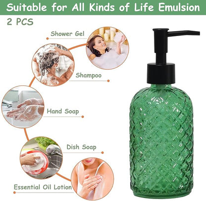Green Glass Soap Dispenser with Black Pump, 13.5oz Liquid Hand Soap Dispenser Set, Dish Soap Lotion Dispenser for Modern Home Decor, Bathroom, Kitchen Countertop, Hotel(2 Pack)