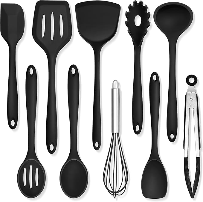 TeamFar Silicone Cooking Utensils, 10 pcs Kitchen Cooking Utensils Set, 446°F Heat Resistant Kitchen Gadgets Tools Set w/Spatula, Turners, Spoons, Soup Ladle, Pasta Server for Nonstick Cookware, Black by TeamFar