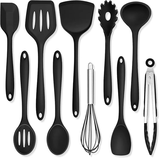 TeamFar Silicone Cooking Utensils, 10 pcs Kitchen Cooking Utensils Set, 446°F Heat Resistant Kitchen Gadgets Tools Set w/Spatula, Turners, Spoons, Soup Ladle, Pasta Server for Nonstick Cookware, Black by TeamFar