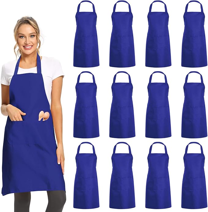 DUSKCOVE 12 Pack Plain Bib Aprons with 2 Pockets - Blue Unisex Commercial Apron Bulk for Kitchen Cooking Restaurant BBQ Painting Crafting by DUSKCOVE