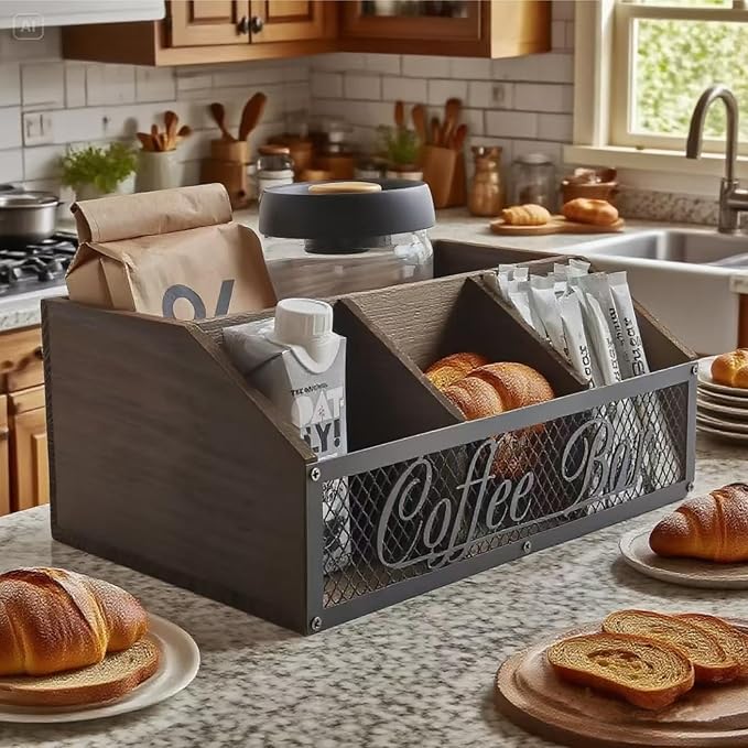 Coffee Station Organizer, Rustic Countertop Coffee Bar Accessories, 4 Compartments for Pods, Syrup, Stirrer, Tea Bags - Coffee Condiment Station Storage for Home and Office-Vintage Brown - Image 4