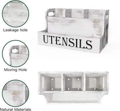 Suli Extra Large Kitchen Utensils Holder with 4 Compartments, White Wooden Utensil Organizer for Kitchen Countertop, Farmhouse Utensil Storage, Rustic Cooking Utensils - White Grain