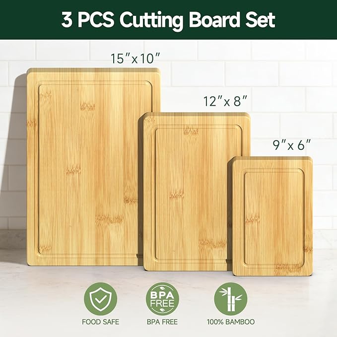 3-Piece Set Bamboo Cutting Board for Kitchen - Crack-Resistant Wood Chopping Boards with Deep Juice Grooves, Pre-Oiled Butcher Block for Meat, Vegetables & Cheese, Natural - Image 2
