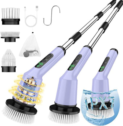 Electric Spin Scrubber for Cleaning Bathroom, Shower Scrubber Rotary Floor Brushes with IPX7 Waterproof & 2 Speed, 3 Brush Heads, Bathroom Cleaning Supplies for Shower Tub Tile Toilet Purple
