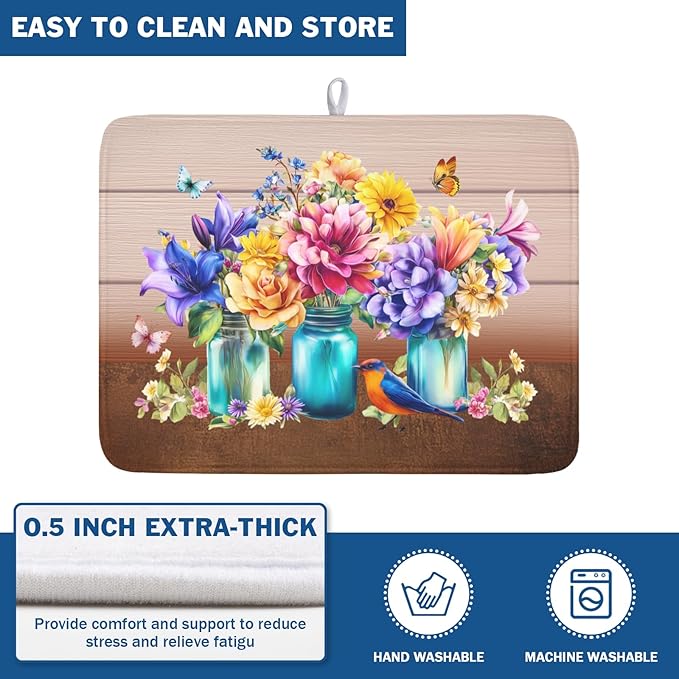 Spring Colorful Flowers Dish Drying Mat for Kitchen Counter,Vintage Plants Mason Jar Butterflies Drying Mat 18 x 24 Inch with Absorbent Reversible Microfiber Dish Drying Pad for Coffee Bar - Image 5