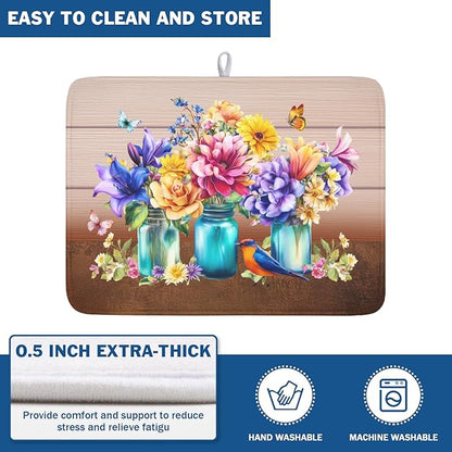 Spring Colorful Flowers Dish Drying Mat for Kitchen Counter,Vintage Plants Mason Jar Butterflies Drying Mat 18 x 24 Inch with Absorbent Reversible Microfiber Dish Drying Pad for Coffee Bar - Image 5
