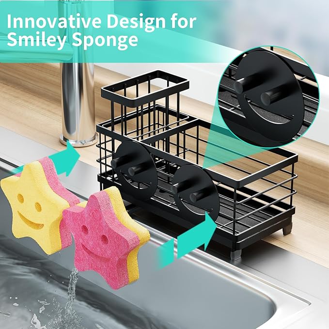 HapiRm Sink Caddy Sponge Holder - Self-draining Kitchen Sink Organizer with Smiley Face and Brush Holder, Stainless Steel Kitchen Sponge Caddy for Countertop - Black - Image 2