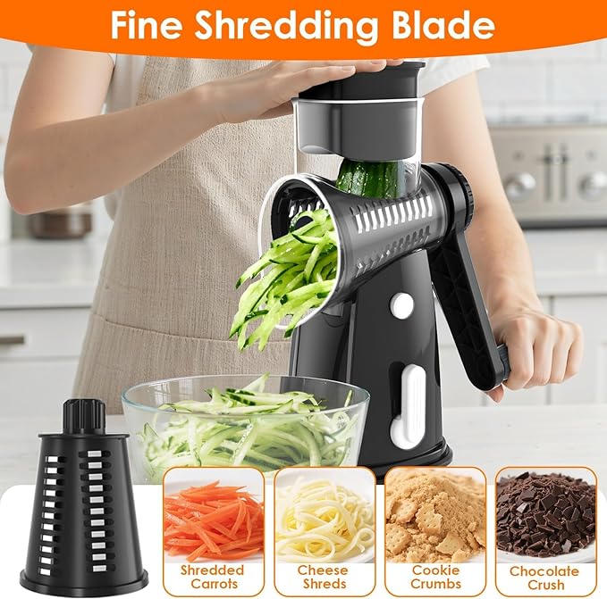 MealHelper 5 Blade Rotary Cheese Grater and Vegetable Chopper with Storage Box and Hand Crank, Compact Shredder for Cheeses, Veggies, Nuts - Easy to Use, Non-slip Suction Base,Black - Image 6