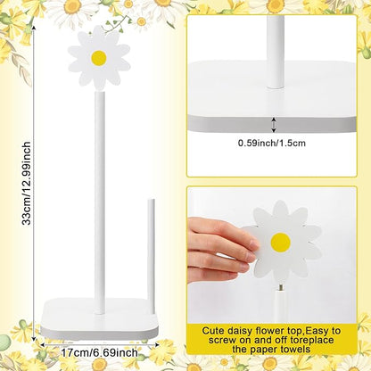 Leinuosen White Daisy Paper Towel Holder Coquettish Cute Wooden Daisy Kitchen Paper Towel Holder Bathroom Countertop Accessories Kitchen Roll Stand Organizer Standing Apartment Decor Housewarming Gift
