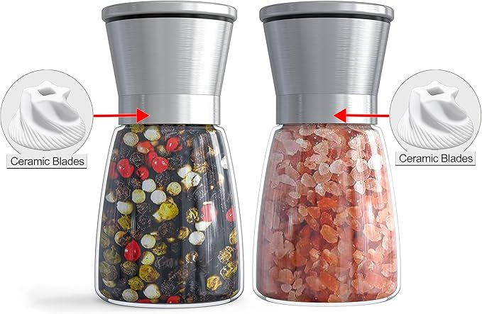 Ebaco Salt and Pepper Grinder Set - Refillable Grinder Adjustable Coarseness of Pepper Salt Spice Stainless Steel Mills Glass 6oz（2 Pack） - Image 2