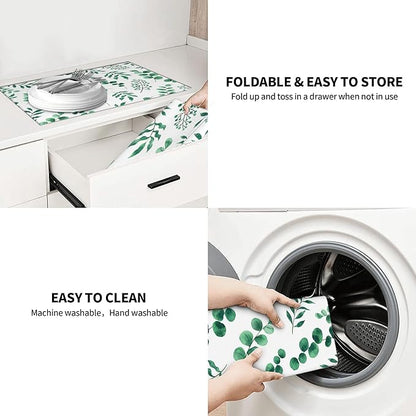 Watercolor Plant Green Leaves Dish Drying Mat for Kitchen Counter, 18"x24" Microfiber Absorbent Fast Dry Mat, 2Pcs Dish Mat Faucet Mats Sets, Large Drying Kitchen Mat Kitchen Drying Pad
