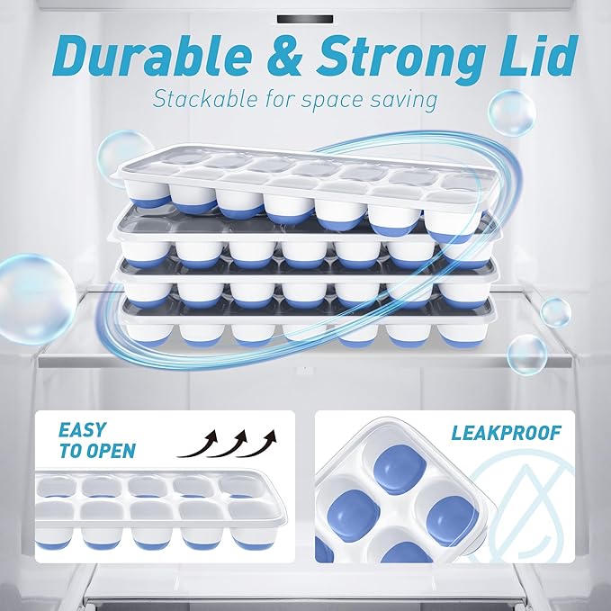 ChefAide Ice Cube Tray with Lid, 4 Packs 56 Cubes Durable Stackable Ice Cube Trays for Freezer with Removable Lids, Easy-Release Plastic & Silicone Ice Tray for Cocktail, Coffee - Image 7