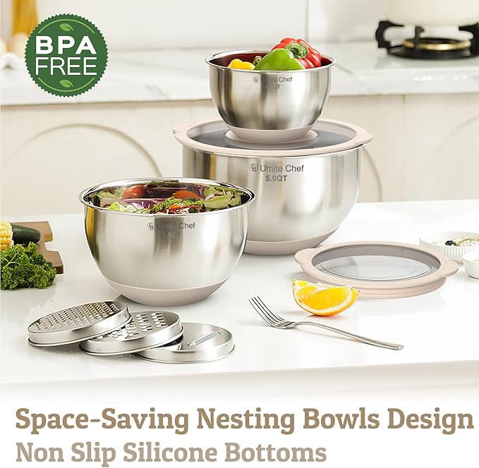 Mixing Bowles Set with Lids Set - Warp-Proof TPR-AS Lids, Stainless Steel Mixing Bowl with 3 Graters & Measuring Lines, Non-Slip Bowls for Baking, Prep, Airtight Food Storage (Khaki 5/3/2/1.5/0.63QT) - Image 4