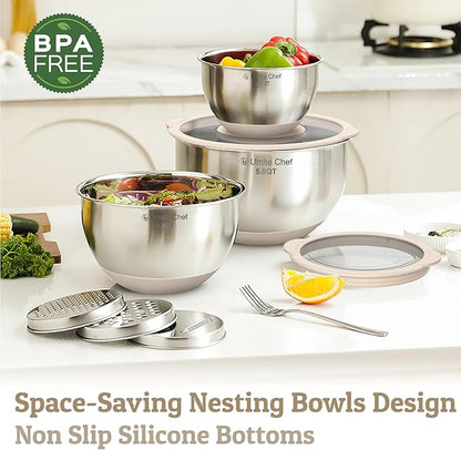 Mixing Bowles Set with Lids Set - Warp-Proof TPR-AS Lids, Stainless Steel Mixing Bowl with 3 Graters & Measuring Lines, Non-Slip Bowls for Baking, Prep, Airtight Food Storage (Khaki 5/3/2/1.5/0.63QT) - Image 4
