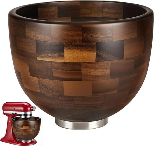 Premium Walnut Wood Mixing Bowl, Compatible with KitchenAid 4.5 & 5 QT Tilt-Head Mixers, Natural True Walnut Wooden Bowl with Stainless Steel Locking Base, 5QT (9.4")