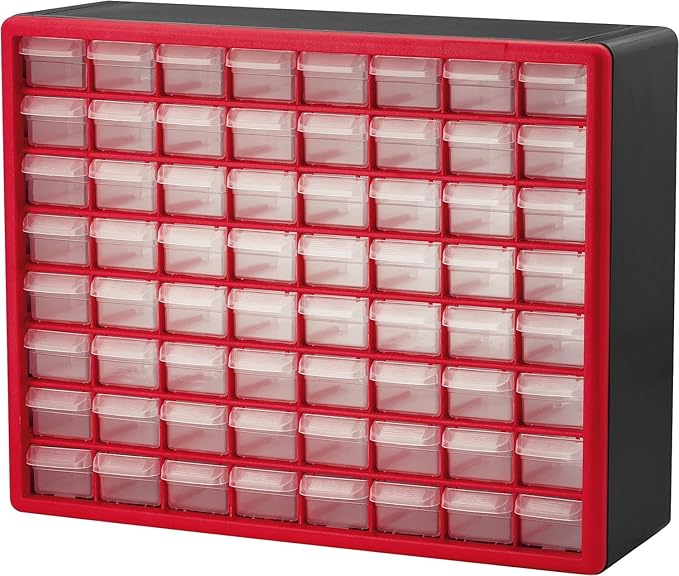 Akro-Mils 64-Drawer Plastic Drawer Storage Cabinet for Garage Organization, Bead Organizer, Building Bricks Storage, Teacher Toolbox, Makeup Organizer, 20" W x 6" D x 16" H, 10164 Red by Akro-Mils