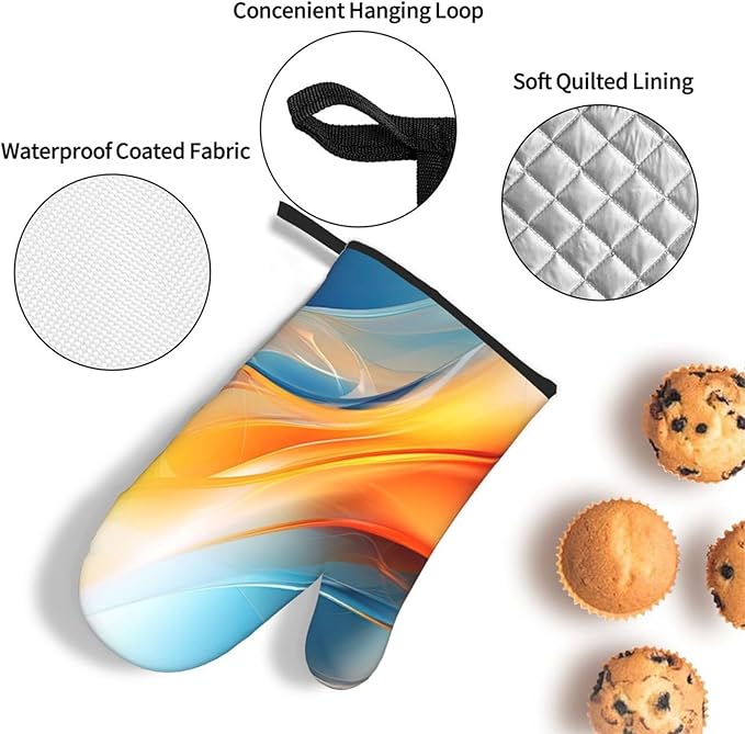 Burnt Orange Blue Abstract Fluid Oven Mitts and Pot Holders Sets of 3, Heat Resistant Non-Slip Boho Modern Kitchen Gloves Gift for Cooking Lover, Stylish Kitchen Decor for Baking BBQ Cooking Grilling - Image 6