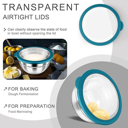 HaWare Mixing Bowls with Airtight Clear Lids, 6-Piece Stainless Steel Strong Nesting Bowls Set, Metal Salad Bowl for Cooking, Prepping, Baking, Serving & Food Storage, Size 4.6, 3, 1.5QT, Teal Blue - Image 3