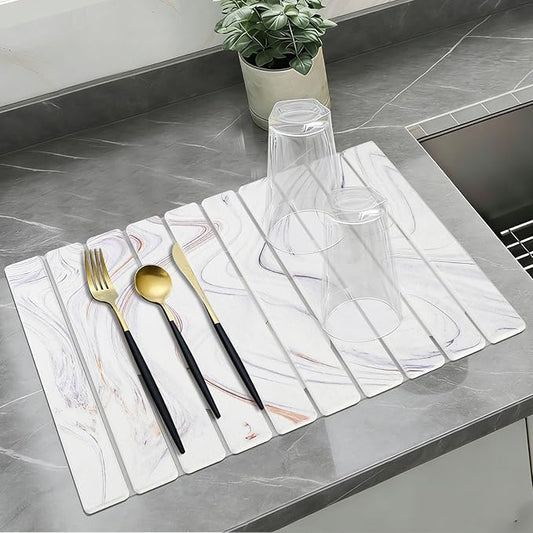 Large Stone Drying Mat for Kitchen Counter, Collapsible Stone Dish Drying Mats, Water Absorbing Diatomaceous Earth Drying Stone for Kitchen Counter, Kitchen Dish Drying Stone Mat, 24"×16" (White)