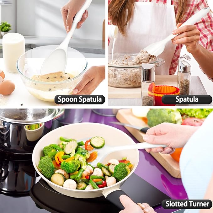 P&P CHEF Silicone Cooking Utensils Set of 7, Heat-proof Kitchen Utensils Set for Nonstick Cookware, Non-stick Spatula, Slotted Turner, Soup Ladle, Pasta Server, Spoon for Cooking Serving - White - Image 5