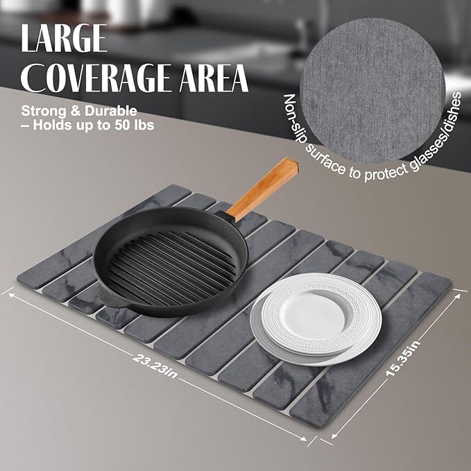 Large Stone Dish Drying Mats for Kitchen Counter, 24"(L)×16"(W) Marble, Drying Collapsible Dish Drying Mat, Eco-Friendly Absorbent Diatomaceous Earth Mats for Dishes Bottles Cups - Dark Grey - Image 5