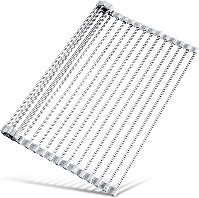 Tomorotec Stainless Steel Roll-Up Dish Drying Rack Marble Color Silicone Edges, Foldable Kitchen Rack Heat Resistant Trivet Supports up to 70 lbs, Food Safe for Dishes, Cookware & More by Tomorotec