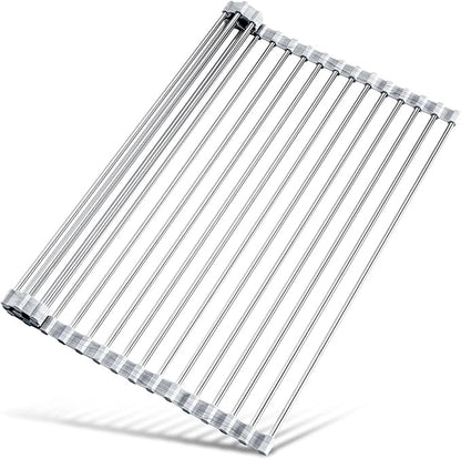 Tomorotec Stainless Steel Roll-Up Dish Drying Rack Marble Color Silicone Edges, Foldable Kitchen Rack Heat Resistant Trivet Supports up to 70 lbs, Food Safe for Dishes, Cookware & More by Tomorotec