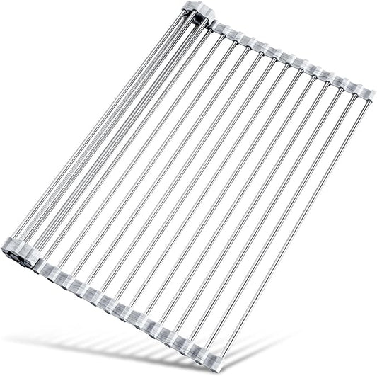 Tomorotec Stainless Steel Roll-Up Dish Drying Rack Marble Color Silicone Edges, Foldable Kitchen Rack Heat Resistant Trivet Supports up to 70 lbs, Food Safe for Dishes, Cookware & More by Tomorotec