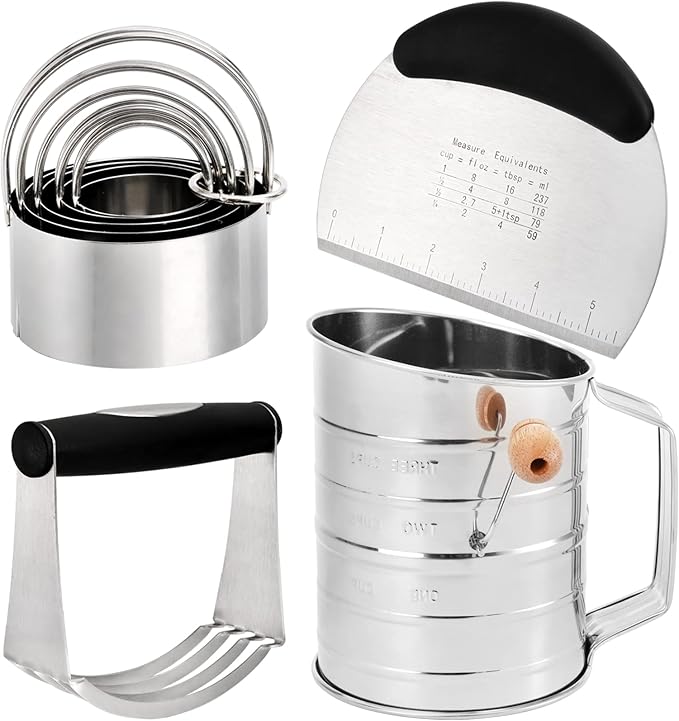Tosnail Pastry Cutter, Dough Blender, 3 Cup Flour Sifter and Biscuit Cutter, 8 Pieces Stainless Steel Professional Dough Tools for Baking Cookies and Donuts
