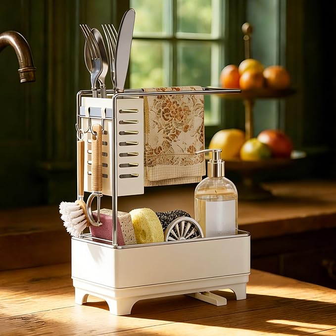 MOUKABAL Sponge Holder for Kitchen Sink, 2-Tier Sink Caddy Organizer with Drain Holes and Hooks, Holds Dishcloth, Sponge & Brushes, Kitchen Countertop Storage for New Home Essentials Off-white - Image 2