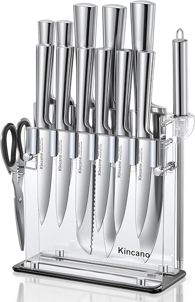 Knife Set, 14 PCS High Carbon Stainless Steel Super Sharp Kitchen Knife Set for Chef with Acrylic Stand, include Steak Knives, Sharpener and Scissors, Ergonomical Design by kincano