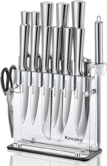 Knife Set, 14 PCS High Carbon Stainless Steel Super Sharp Kitchen Knife Set for Chef with Acrylic Stand, include Steak Knives, Sharpener and Scissors, Ergonomical Design by kincano