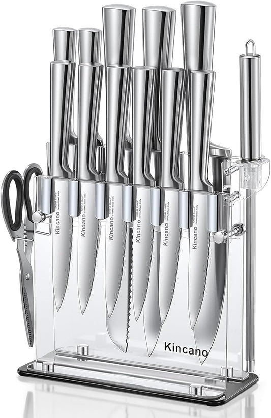 Knife Set, 14 PCS High Carbon Stainless Steel Super Sharp Kitchen Knife Set for Chef with Acrylic Stand, include Steak Knives, Sharpener and Scissors, Ergonomical Design by kincano