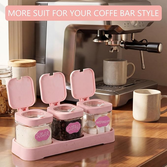 Suclain 3 Pcs Glass Coffee Containers Coffee Station Organizer Set, Airtight Bean Storage Jars with Shelf,labels,spoon, Base and Pen,for Sugar, Candy, Oats, Nuts (Pink) - Image 6