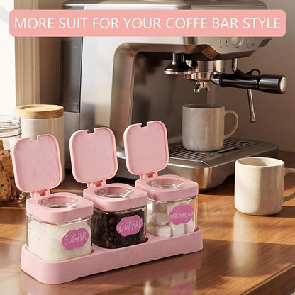 Suclain 3 Pcs Glass Coffee Containers Coffee Station Organizer Set, Airtight Bean Storage Jars with Shelf,labels,spoon, Base and Pen,for Sugar, Candy, Oats, Nuts (Pink) - Image 6