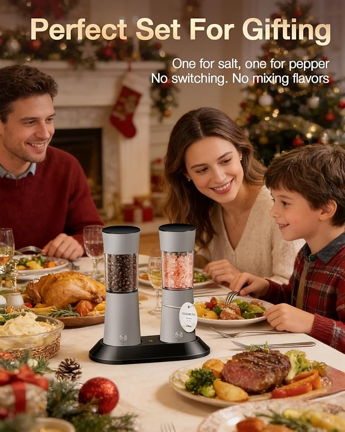 Electric Salt and Pepper Grinder Set with USB-C Charging Base,Rechargeable Automatic Stainless Steel Pepper Mill Grinder with LED Light, 2pack(Brown)