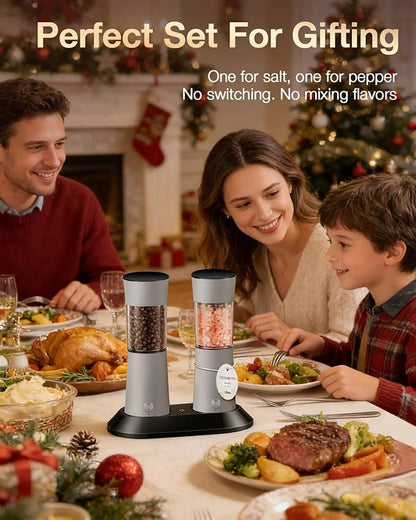 Electric Salt and Pepper Grinder Set with USB-C Charging Base,Rechargeable Automatic Stainless Steel Pepper Mill Grinder with LED Light, 2pack(Brown)