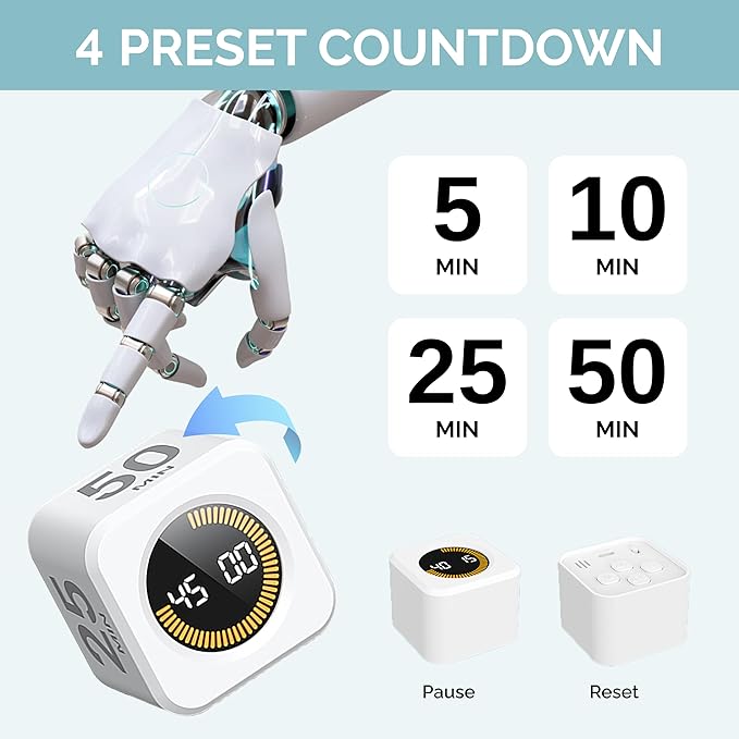 KADAMS Pomodoro Timer Visual - Productivity Pomodoro Cube, 5/10/25/50 Min Countdown & Countup, Silent – Ideal for Work Study Cook Workout Kitchen School Classroom Office Gift Kids (1, White)