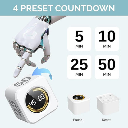 KADAMS Pomodoro Timer Visual - Productivity Pomodoro Cube, 5/10/25/50 Min Countdown & Countup, Silent – Ideal for Work Study Cook Workout Kitchen School Classroom Office Gift Kids (1, White)