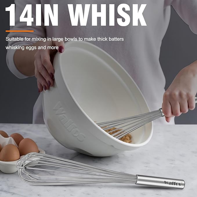 Walfos Whisk,14in Large Whisks, Heavy Duty Stainless Steel Wire Whisk for Blending, Whisking, Beating Suitable for stirring and mixing containers such as deep pots or big bowl at home or store. - Image 7