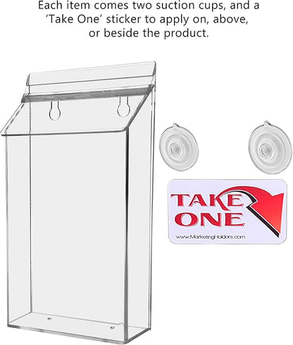 Suction Cup Outdoor Brochure Holder for 6 x 10 Inch Pamphlets and Handouts Window or Glass Wall Mount Includes Take One Sticker Clear Acrylic Advertisement Box by Marketing Holders