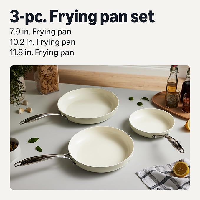Amazon Basics Ceramic Nonstick Cookware, 3-Piece Frying Pan Set, All Cooktop Induction Compatible, Dishwasher-Safe, Oven-Safe, Ivory - Image 2