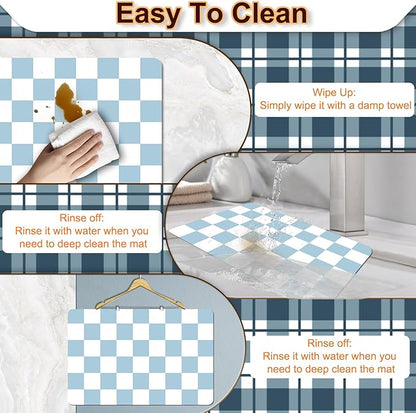 Dish Drying Mat for Kitchen Counter, 12" x 20" Checkered Coffee Bar Mat for Espresso Machine, Stain-Resistant Countertop Protector, Non-Slip Rubber Back Drying Pad for Coffee Maker, Blue & White