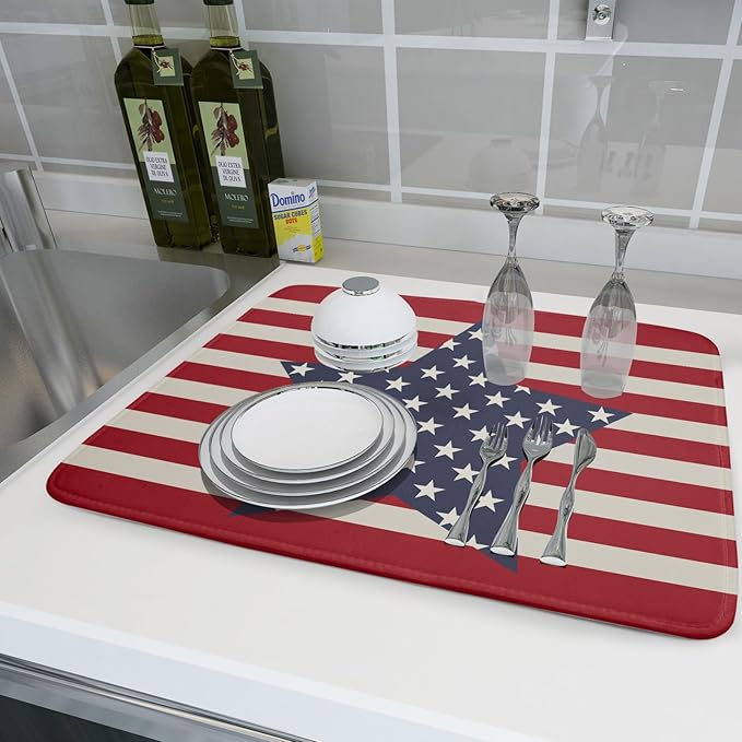 Blue Star Patriotic July of 4th Dish Drying Mat for Kitchen Counter 18x24 Independence Day Red Striped Absorbent Reversible Microfiber Drying Mats Kitchen Countertop Protector Dishes Drainer Rack Pad - Image 6