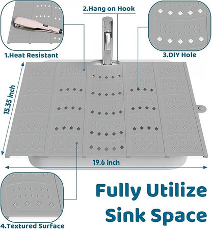 Bathroom Sink Cover for Counter Space, Foldable Silicone Makeup Mat for Hair Styling and Hot Tools, Steel Frame Core Sink Organizer for RV Camper and Small Vanity, DIY Cut to Fit, Grey