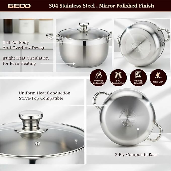 GEDO Stainless Steel Stock Pot with Glass Lid, 304 Grade Premium Soup Pot, Silver, Double Handle, for Kitchen Cooking (9.43in/24cm size) - Image 5