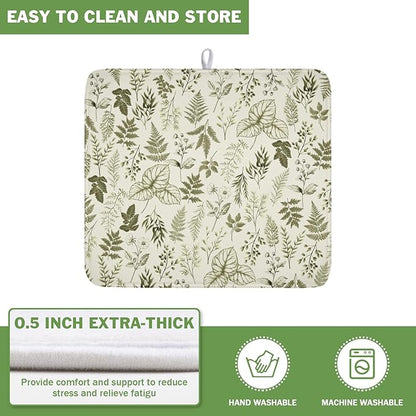 Vintage Botanical Floral Dish Drying Mat for Kitchen Counter Sage Green Herbs Fern Leaves Plant Microfiber Dish Drainer Mat Absorbent Washable Drying Pad 16"x18"