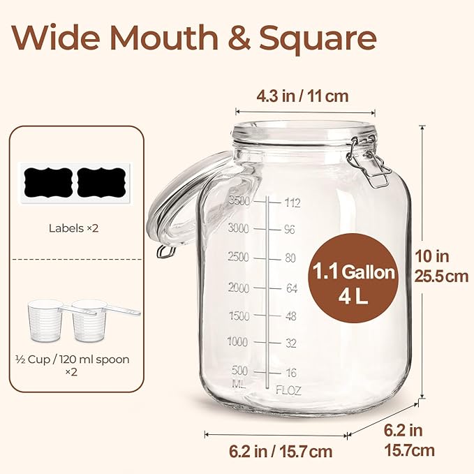 ComSaf 1 Gallon Square Glass Jars with Airtight Lids (135oz, Set of 2), Extra-Wide Mouth Canisters with Measurement Marks for Bulk Flour Storage, Fermenting Kombucha & Pickling - Image 4